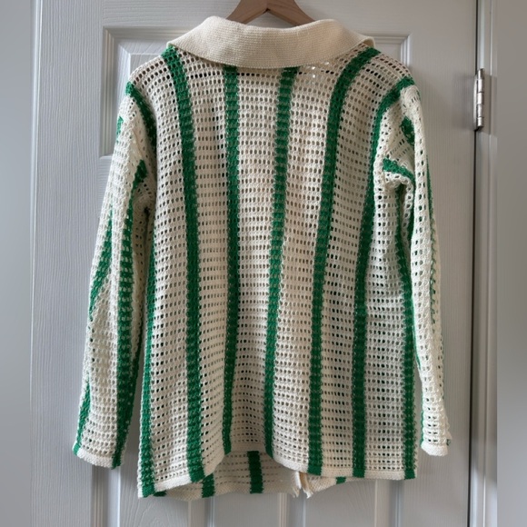 Commense Cream green stripe Crochet knit Button-Front Cardigan nwot - Picture 2 of 5